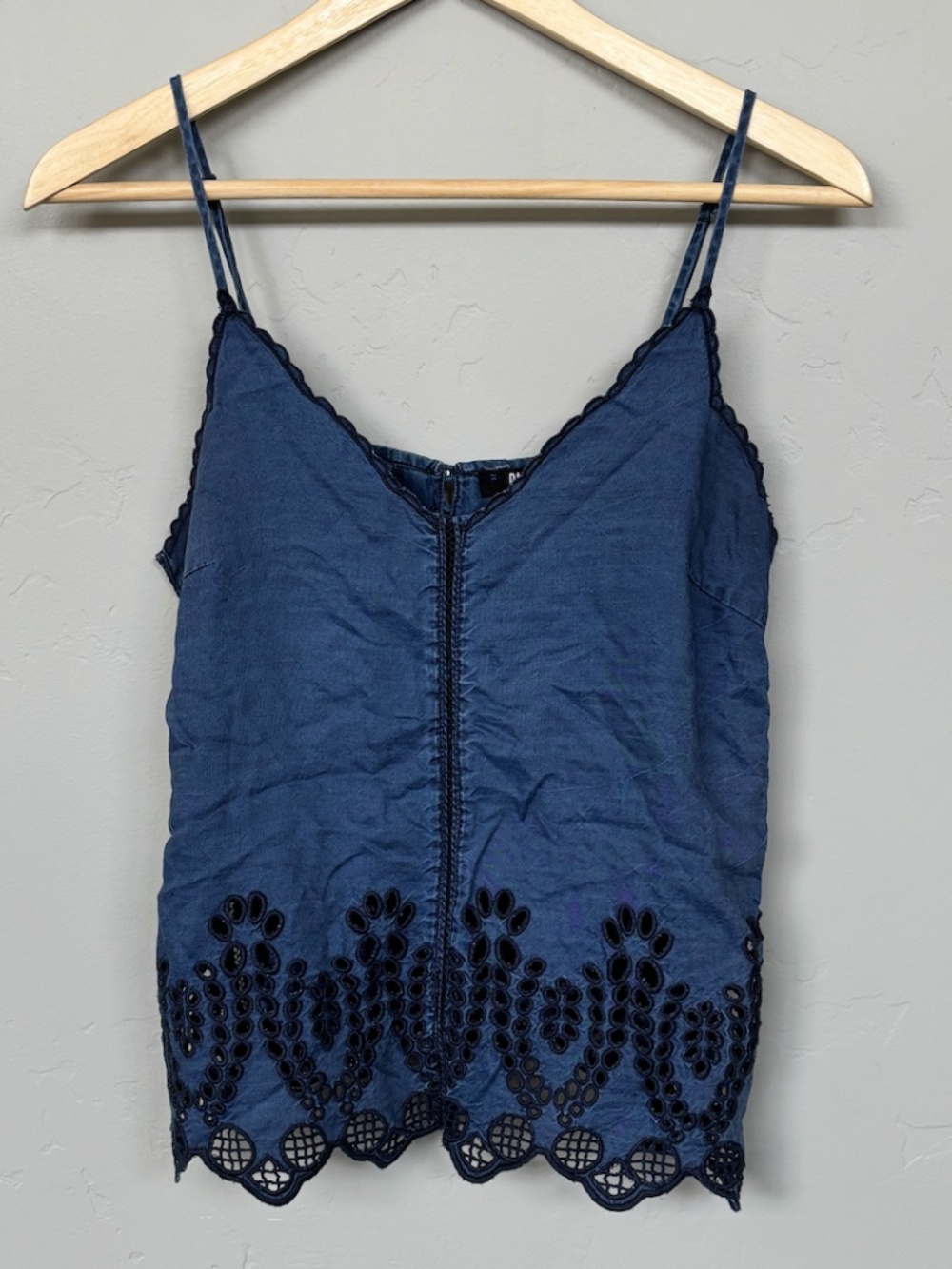 Paige Eyelet Lace Trim Camisole Tank Top Denim Soft Tencel Scallop Cutout Small